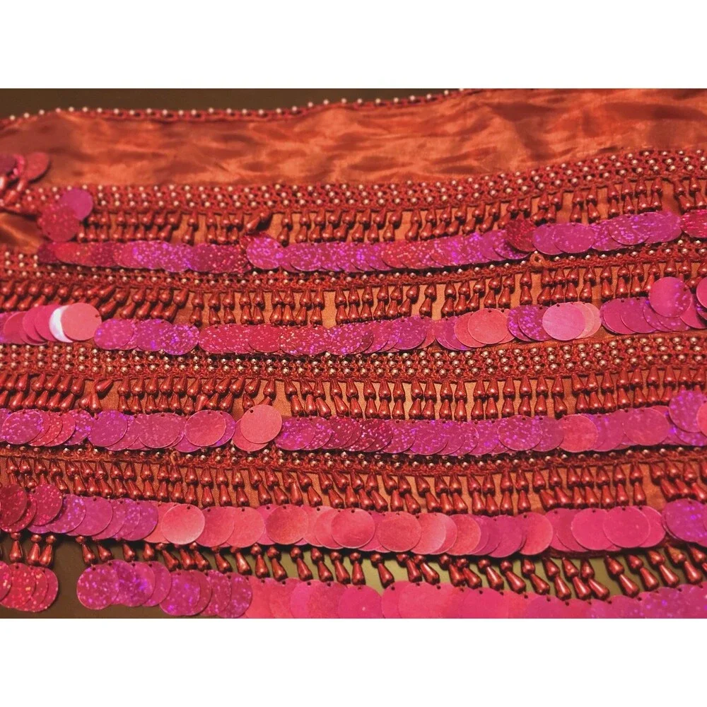 Belly Dance Paillette Hip Scarf Burgundy Magenta Beaded Fringe Preowned Costume